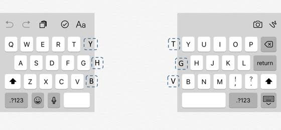 QWERTY keyboard split in half - with hints of the next letter in the margins