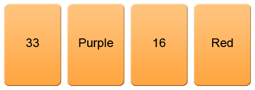 Four cards, reading in order: 33, Purple, 16, and Red